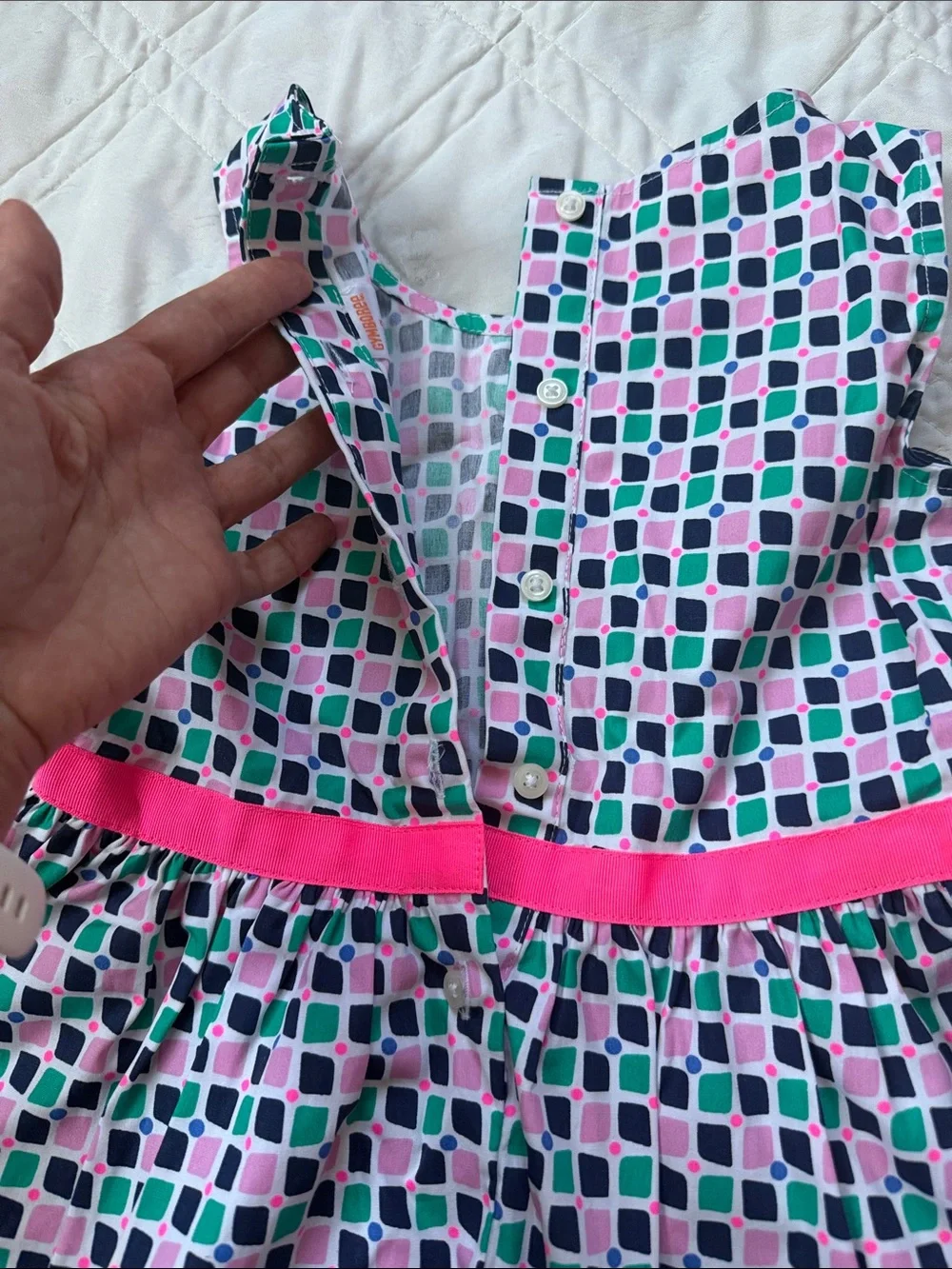 Gymboree Pink, Green & Navy Geometric Print Sleeveless Dress with Hot Pink Belt